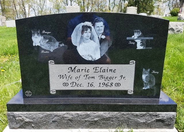 Bigger Headstone with Cat and Bride Groom Etchings